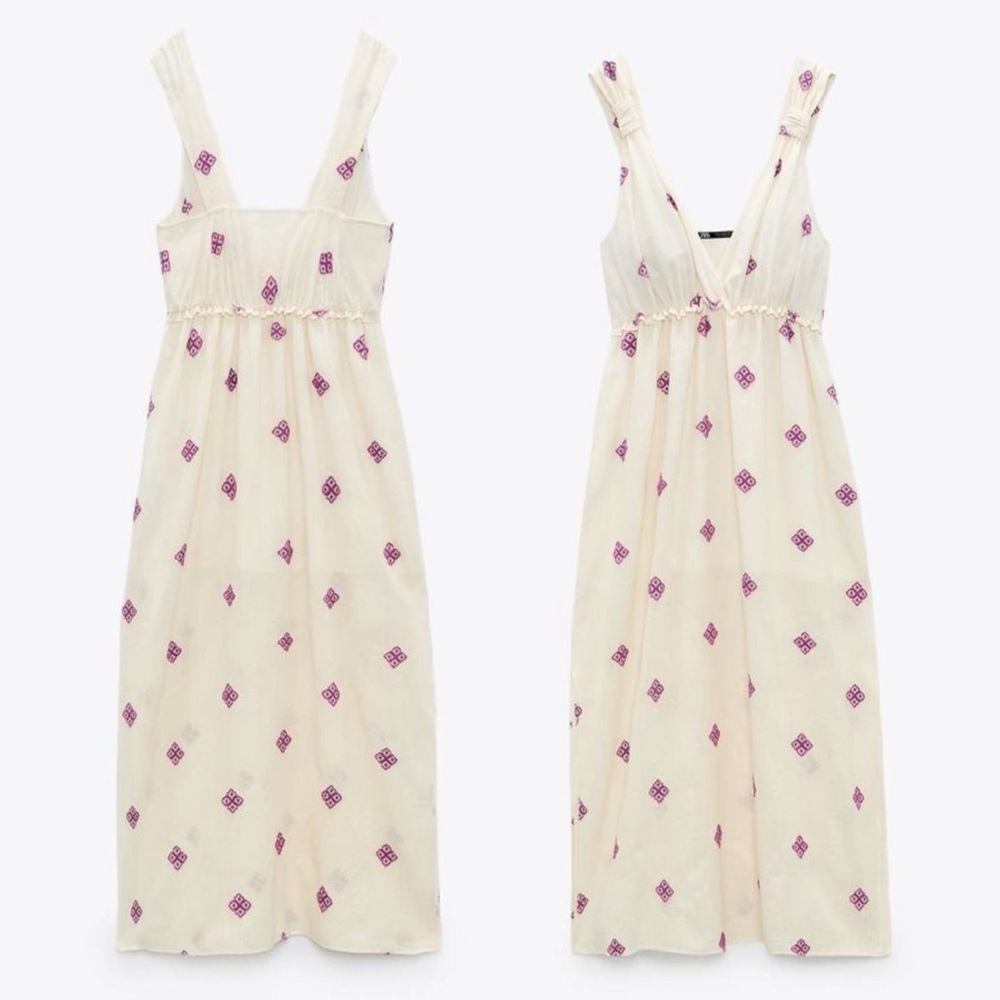 Zara Rustic Dress Womens Large Embroidered Midi Cottagecore Ivory Purple Boho - Picture 1 of 15